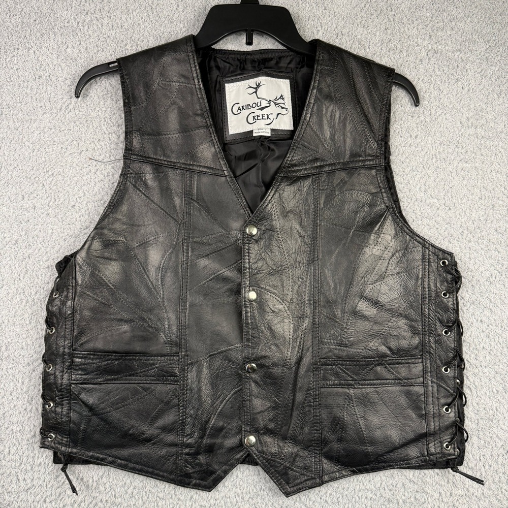 Caribou Creek Mens Large Patchwork Leather Vest  Black Lace Up Biker Y2K